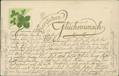 Künstlerkarte Jugendstil Art Nouveau Glücksklee 1903 Goldprägung