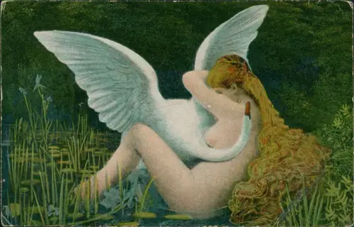 Künstlerkarte nackte schöne Frau umarmt Schwan Erotik Nude 1913