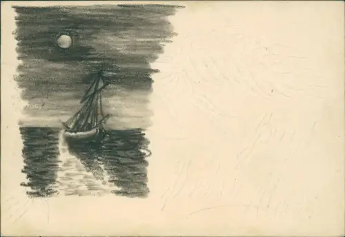 Künstlerkarten - handgefertigt Segelboot bei Mondschein 1898 Prägekarte