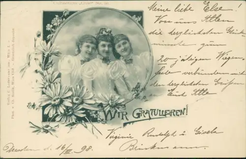 Ansichtskarte  Geburtstag Birthday drei junge Damen - Wir Gratulieren! 1898