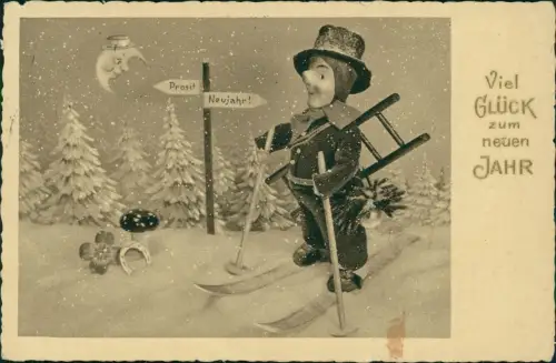 Ansichtskarte  Neujahr Sylvester New Year Schornsteinfeger auf Ski 1936