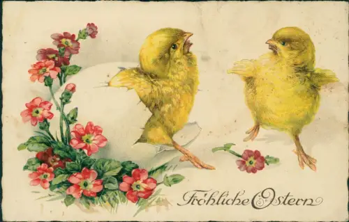 Ansichtskarte  Ostern Easter Blumen tanzende Küken 1930