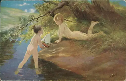 Künstlerkarte Gemälde Im Sonnenschein H. Wohl Mädchen am Fluss 1916
