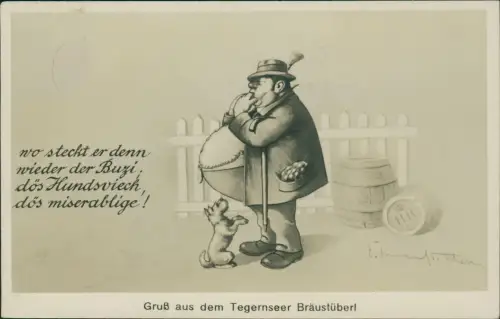 Ansichtskarte Tegernsee (Stadt) Bräustüberl Jäger mit Hund Werbe AK 1935