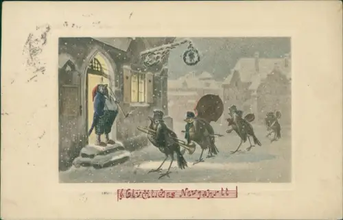 Neujahr Sylvester New Year Tiere als Menschen Vögel als Musiker 1911