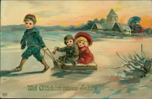 Neujahr Sylvester New Year Junge zieht Schlitten mit Geschwistern 1922 Gold