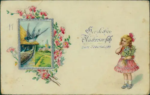 Geburtstag Birthday Blumen Vögel Mädchen Künstlerkarte 1912 Silberprägung