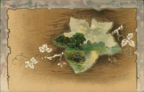 Gold Hintergrund Weinlaubblatt mit Landschaft Künstlerkarte 1912 Goldprägung