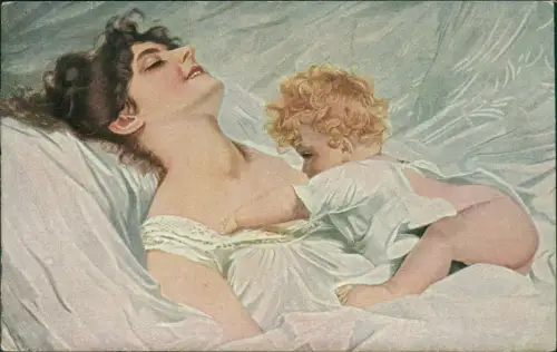 Künstlerkarte A. Schwarz pix. Mitter wach auf. Kind säugt an Brust 1911