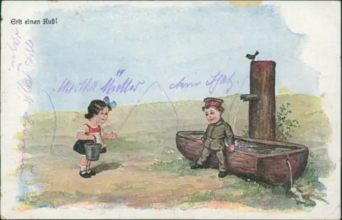 Feldpostkarte 1. WK Junge in Uniform mit Mädchen "Erst einen Kuß" 1917 Feldpost