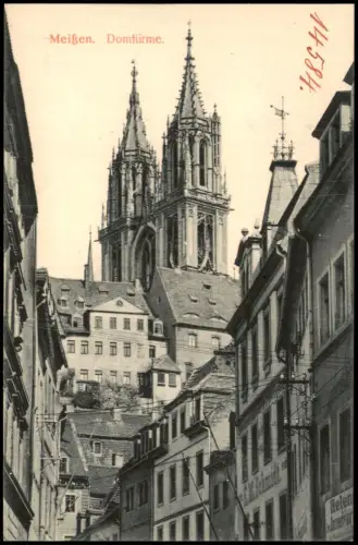 Ansichtskarte Meißen Domtürme, Geschäfte 1912