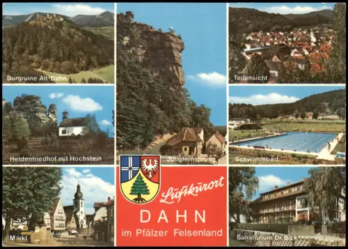 Dahn Mehrbild-AK mit Heldenfriedhof, Schwimmbad, Sanatorium Dr. Bick uvm. 1975