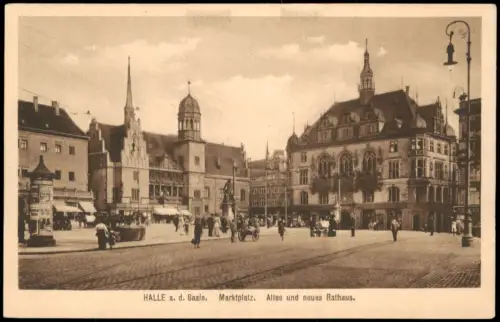 Ansichtskarte Halle (Saale) Marktplatz Altes und neues Rathaus 1910