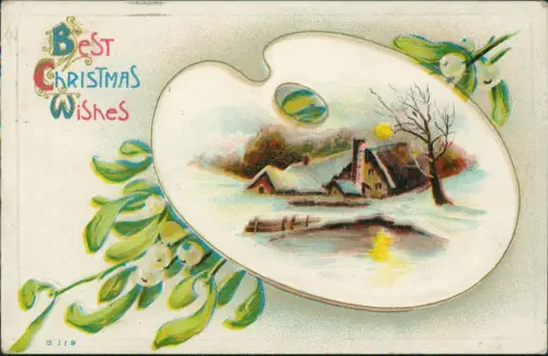 Weihnachten Christmas Landschaft in Farbpalette Best Wishes 1911 Prägekarte