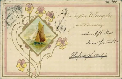 Geburtstag Birthday Jugendstil Artnouveau Ornament Segelboot 1909 Goldprägung