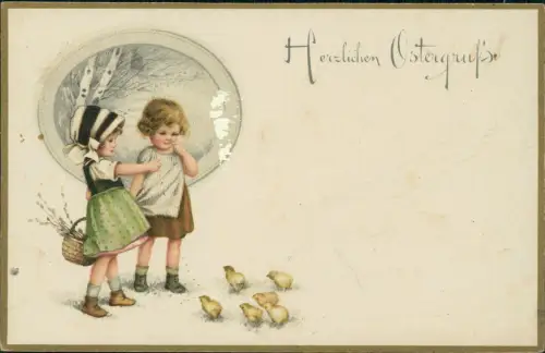Ansichtskarte  Ostern Easter Junge und Mädchen füttern Küken 1918 Gold