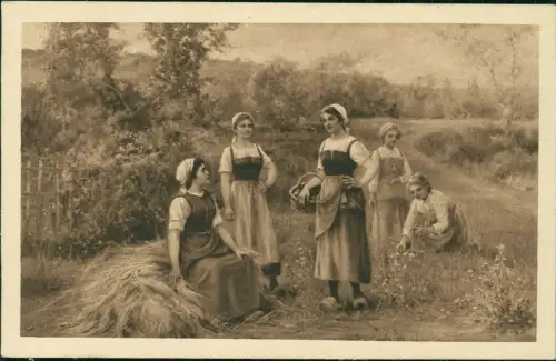 Ansichtskarte  Rückkehr vom Felde romantisierende AK Frauen Bauern 1918