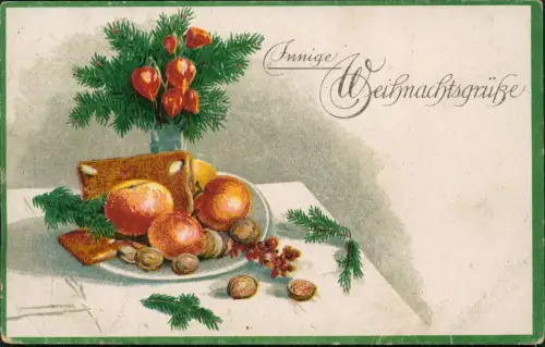 Ansichtskarte  Weihnachtsstilleben mit Äpfeln, Nüssen und Gebäck 1923