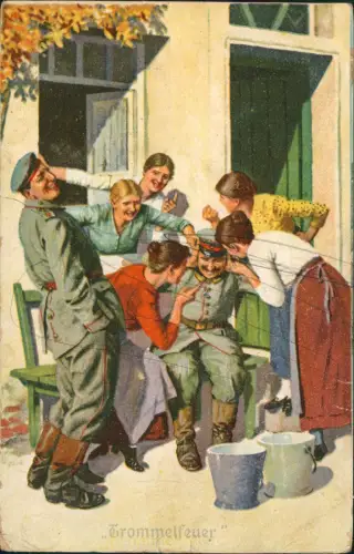 Ansichtskarte  Künstlerkarte Soldatenleben "Das Trommelfeuer" 1917 Feldpost