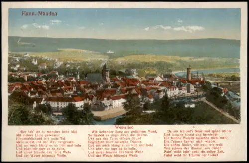 Ansichtskarte Hann. Münden Panorama-Ansicht mit Text des Weserlied 1910