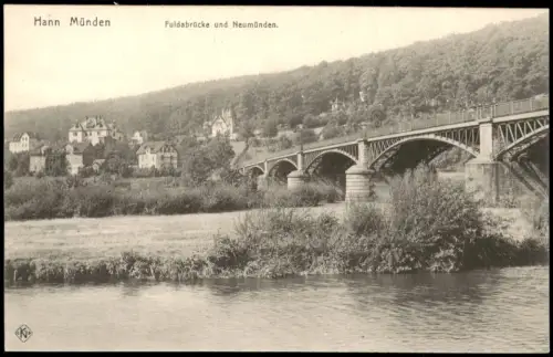 Ansichtskarte Hann. Münden Fuldabrücke und Neumünden 1910