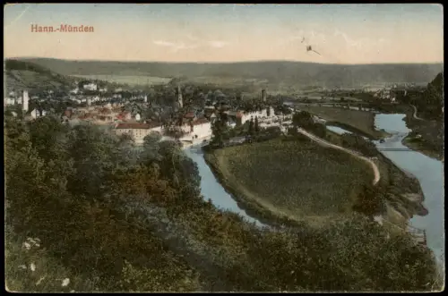Ansichtskarte Hann. Münden Panorama 1910   rückseitig Stempel "Schule in Sasel"