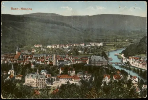 Ansichtskarte Hann. Münden Panorama-Ansicht 1910   Stempel SCHULE IN SASEL