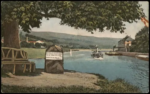 Ansichtskarte Hann. Münden Wesser Schiff passiert den Weserstein 1910
