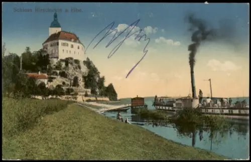 Ansichtskarte Hirschstein Schloss mit Raddampfer auf Fluss 1912