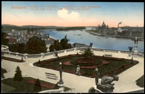 Budapest Aussicht vom Königlichen Burggarten Donau und das Parlament 1910