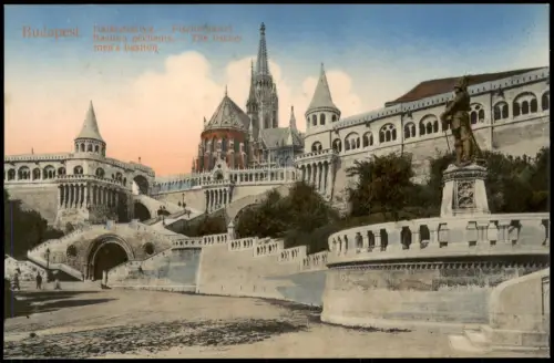 Postcard Budapest Fischerbastei mit Matthiaskirche und Standbild 1912