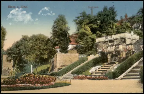 Ansichtskarte Riesa Stadtpark mit Terrassen und Treppenanlagen 1912