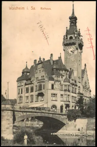 Ansichtskarte Waldheim (Sachsen) Rathaus mit Brücke 1912