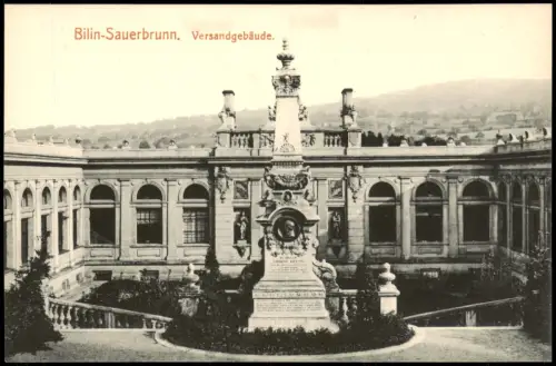 Bilin Bílina Versandgebäude Biliner Sauerbrunn mit Denkmal 1912