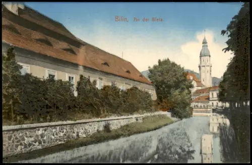 Bilin Bílina Flusslauf der Biela mit Stadtansicht und Kirchturm 1912