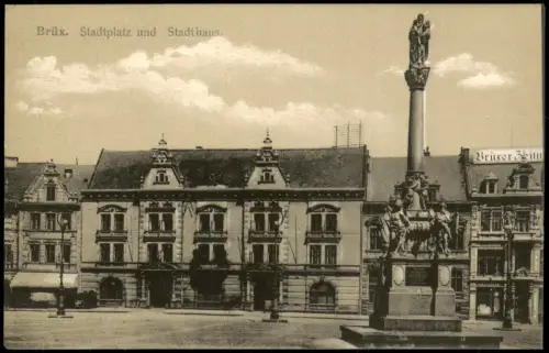 Postcard Brüx Most Stadtplatz mit Stadthaus und Mariensäule 1912