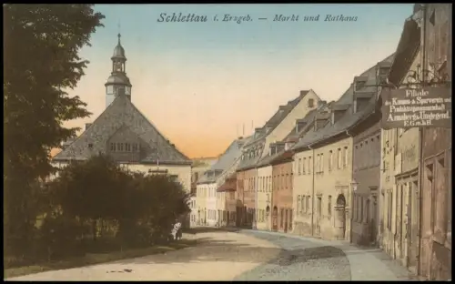 Ansichtskarte Schlettau Marktplatz mit Rathaus und Konsum-Filiale 1910