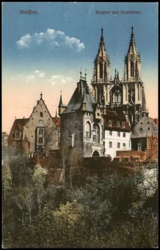 Ansichtskarte Meißen Burgtor, Domtürme und Wagners Weinschänke 1912