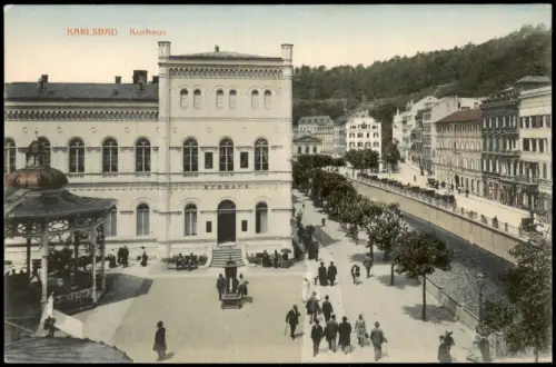 Ansichtskarte Karlsbad Kurhaus mit Promenade und Pavillon 1908