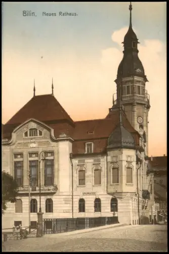 Postcard Bilin Bílina Neues Rathaus mit Sparkasse 1910