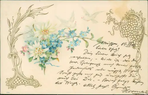 Ansichtskarte  Art Nouveau Goldornamentik JUGENDSTIL Blumen 1900