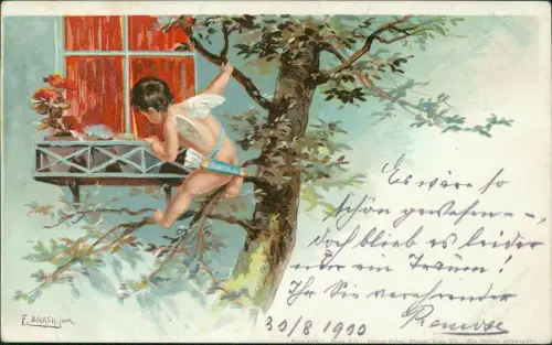 Liebe Love Amor schaut durch das Fenster Künstlerkarte F. Böcker 1900