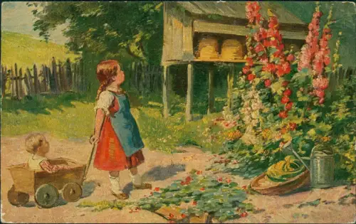 Ansichtskarte  Künstlerkarte Gemälde Am Bienenstock Kinder Pinselduktus 1913