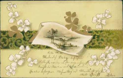 Künstlerkarte Glücksklee Gold Ornament Winterlandschaft 1901 Goldprägung