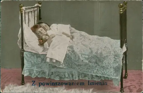 Kinder Künstlerkarte Kinder im Bett Z powinszowaniem Imienin 1912