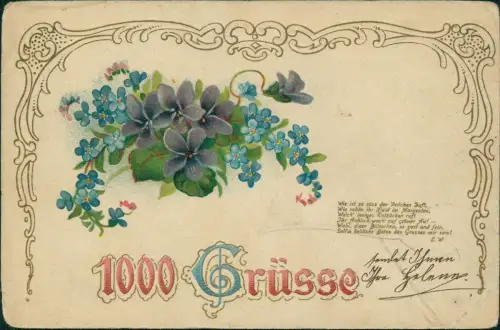 Ansichtskarte  Künstlerkarte 1000 Grüsse Goldornament Veilchen 1915