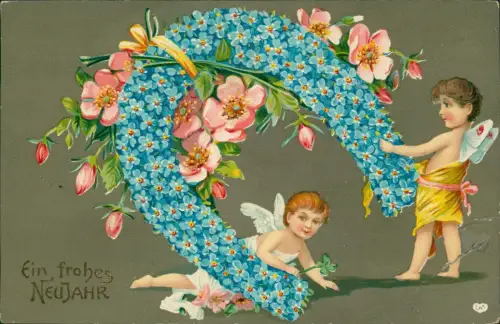 Angel Engel Hufeisen aus Veilchen Neujahr Sylvester New Year 1908