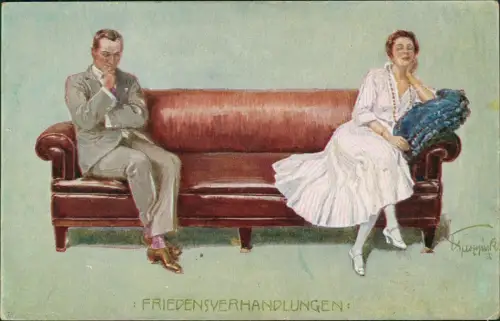 Mann und Frau entfernt auf Sofa FRIEDENSVERHANDLUNGEN Künstlerkarte 1916