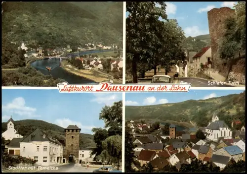 Dausenau Mehrbild-AK mit Schiefer Turm Stadttor mit Femeiche 1970