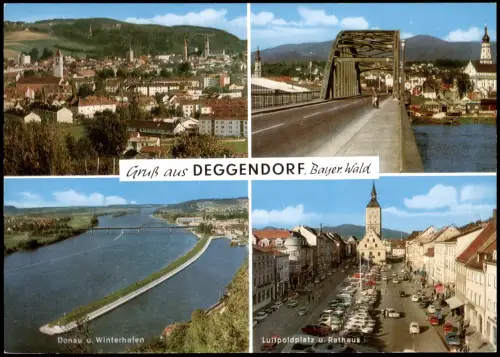 Deggendorf Mehrbildkarte Ortsansichten u.a. Luitpoldplatz u. Rathaus 1975
